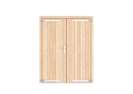 Vuren dichte dubbele deur 168x209 cm, verzinkte hengen, RVS beslag, onbehandeld.