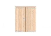 Vuren dichte dubbele deur 168x209 cm, verzinkte hengen, RVS beslag, onbehandeld.