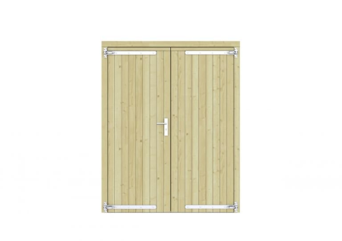 Vuren dichte dubbele deur 168x209 cm, verzinkte hengen, RVS beslag, groen geimpregneerd.