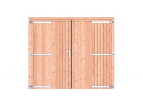 Douglas dichte dubbele deur 250x209 cm, verzinkte hengen, RVS beslag, kleurloos geimpregneerd.