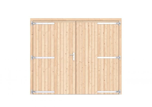 Vuren dichte dubbele deur 250x209 cm, verzinkte hengen, RVS beslag, kleurloos geimpregneerd.