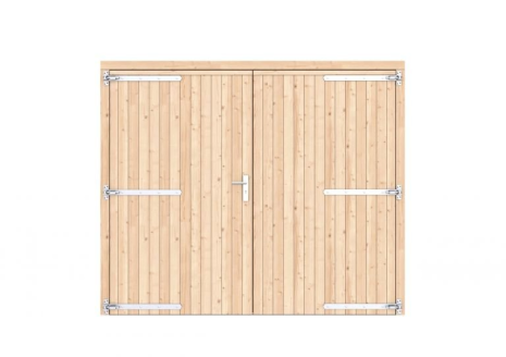 Vuren dichte dubbele deur 250x209 cm, verzinkte hengen, RVS beslag, onbehandeld.