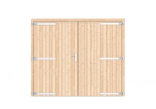 Vuren dichte dubbele deur 250x209 cm, verzinkte hengen, RVS beslag, onbehandeld.