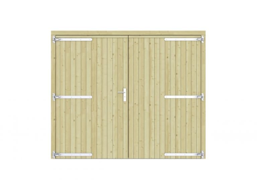 Vuren dichte dubbele deur 250x209 cm, verzinkte hengen, RVS beslag, groen geimpregneerd.