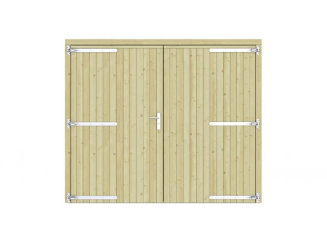 Vuren dichte dubbele deur 250x209 cm, verzinkte hengen, RVS beslag, groen geimpregneerd.