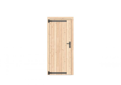 Vuren dichte enkele deur 90x201 cm, linksdraaiend, zwarte hengen, zwart beslag, kleurloos geimpregneerd.