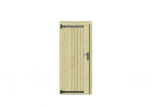 Vuren dichte enkele deur 90x201 cm, linksdraaiend, zwarte hengen, zwart beslag, groen geimpregneerd.