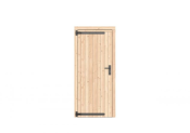 Vuren dichte enkele deur 90x201 cm, linksdraaiend, zwarte hengen, zwart beslag, kleurloos geimpregneerd.