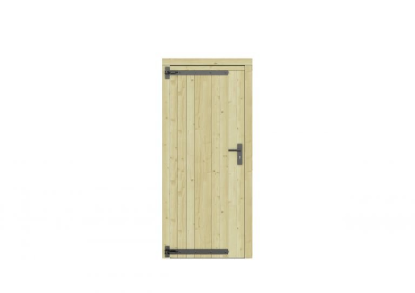Vuren dichte enkele deur 90x201 cm, linksdraaiend, zwarte hengen, zwart beslag, groen geimpregneerd.