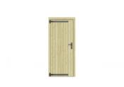 Vuren dichte enkele deur 90x201 cm, linksdraaiend, zwarte hengen, zwart beslag, groen geimpregneerd.