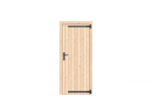 Vuren dichte enkele deur 90x201 cm, rechtsdraaiend, zwarte hengen, zwart beslag, kleurloos geimpregneerd.