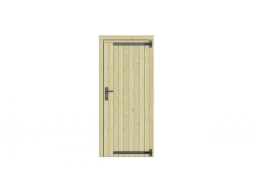 Vuren dichte enkele deur 90x201 cm, rechtsdraaiend, zwarte hengen, zwart beslag, groen geimpregneerd.