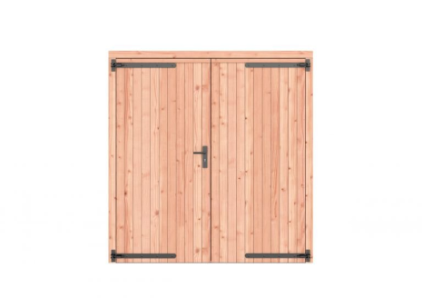 Douglas dichte dubbele deur 201x209 cm, zwarte hengen, zwart beslag, onbehandeld.