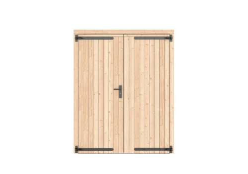Vuren dichte dubbele deur 168x209 cm, zwarte hengen, zwart beslag, onbehandeld.
