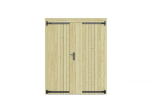 Vuren dichte dubbele deur 168x209 cm, zwarte hengen, zwart beslag, groen geimpregneerd.