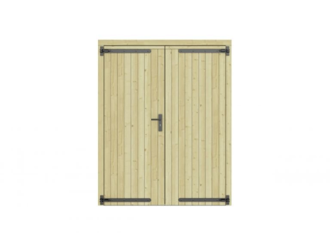 Vuren dichte dubbele deur 168x209 cm, zwarte hengen, zwart beslag, groen geimpregneerd.