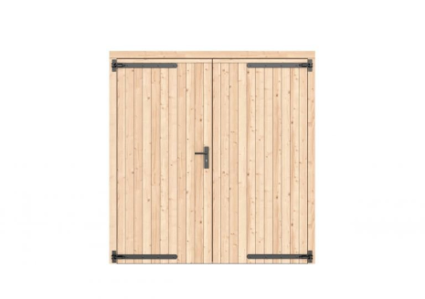 Vuren dichte dubbele deur 201x209 cm, zwarte hengen, zwart beslag, onbehandeld.