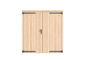Vuren dichte dubbele deur 201x209 cm, zwarte hengen, zwart beslag, onbehandeld.