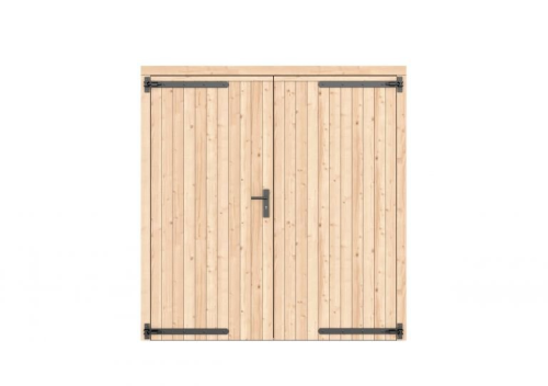 Vuren dichte dubbele deur 201x209 cm, zwarte hengen, zwart beslag, kleurloos geimpregneerd.