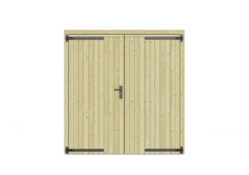 Vuren dichte dubbele deur 201x209 cm, zwarte hengen, zwart beslag, groen geimpregneerd.