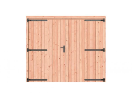 Douglas dichte dubbele deur 250x209 cm, zwarte hengen, zwart beslag, onbehandeld.