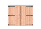 Douglas dichte dubbele deur 250x209 cm, zwarte hengen, zwart beslag, onbehandeld.
