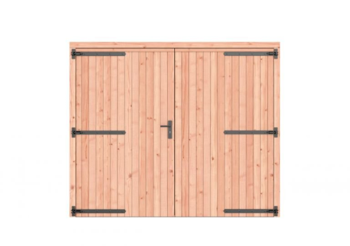 Douglas dichte dubbele deur 250x209 cm, zwarte hengen, zwart beslag, kleurloos geimpregneerd.