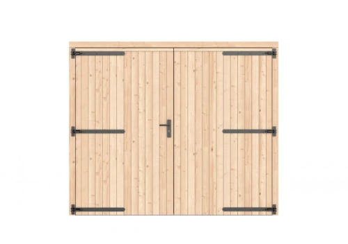 Vuren dichte dubbele deur 250x209 cm, zwarte hengen, zwart beslag, onbehandeld.