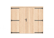 Vuren dichte dubbele deur 250x209 cm, zwarte hengen, zwart beslag, onbehandeld.