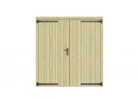 Vuren dichte dubbele deur 201x209 cm, zwarte hengen, zwart beslag, groen geimpregneerd.
