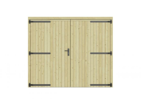 Vuren dichte dubbele deur 250x209 cm, zwarte hengen, zwart beslag, groen geimpregneerd.