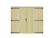 Vuren dichte dubbele deur 250x209 cm, zwarte hengen, zwart beslag, groen geimpregneerd.