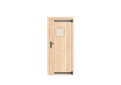 Vuren enkele deur met ruitje 90x201 cm, rechtsdraaiend, zwarte hengen, zwart beslag, kleurloos geimpregneerd.