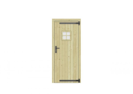 Vuren enkele deur met ruitje 90x201 cm, rechtsdraaiend, zwarte hengen, zwart beslag, groen geimpregneerd.