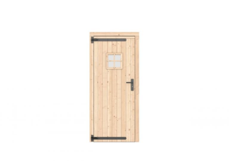 Vuren enkele deur met ruitje 90x201 cm, linksdraaiend, zwarte hengen, zwart beslag, kleurloos geimpregneerd.