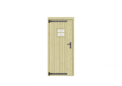 Vuren enkele deur met ruitje 90x201 cm, linksdraaiend, zwarte hengen, zwart beslag, groen geimpregneerd.