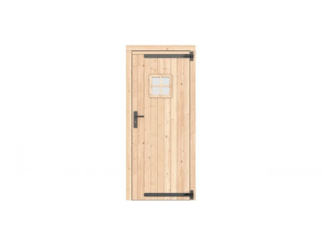 Vuren enkele deur met ruitje 90x201 cm, rechtsdraaiend, zwarte hengen, zwart beslag, kleurloos geimpregneerd.