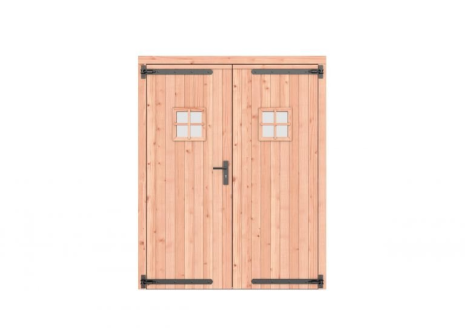 Douglas dubbele deur met ruitje 168x209 cm, zwarte hengen, zwart beslag, onbehandeld.