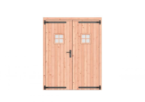 Douglas dubbele deur met ruitje 168x209 cm, zwarte hengen, zwart beslag, onbehandeld.