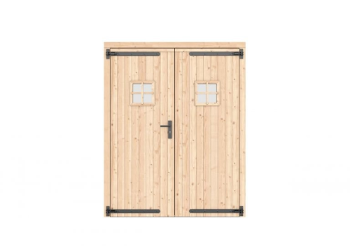 Vuren dubbele deur met ruitje 168x209 cm, zwarte hengen, zwart beslag, onbehandeld.