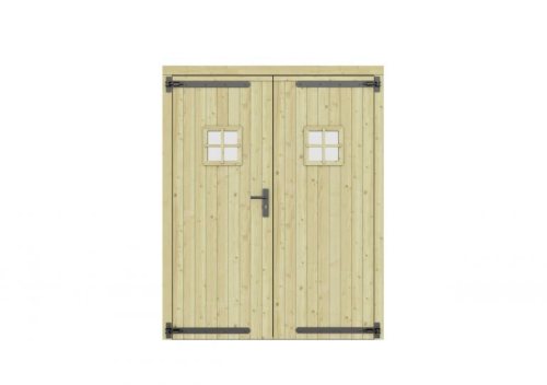 Vuren dubbele deur met ruitje 168x209 cm, zwarte hengen, zwart beslag, groen geimpregneerd.