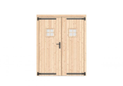 Vuren dubbele deur met ruitje 168x209 cm, zwarte hengen, zwart beslag, onbehandeld.