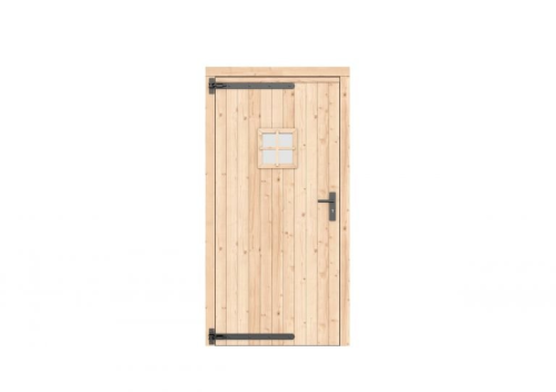 Vuren enkele deur met ruitje 108x209 cm, linksdraaiend, zwarte hengen, zwart beslag, onbehandeld.