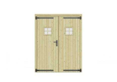 Vuren dubbele deur met ruitje 168x209 cm, zwarte hengen, zwart beslag, groen geimpregneerd.