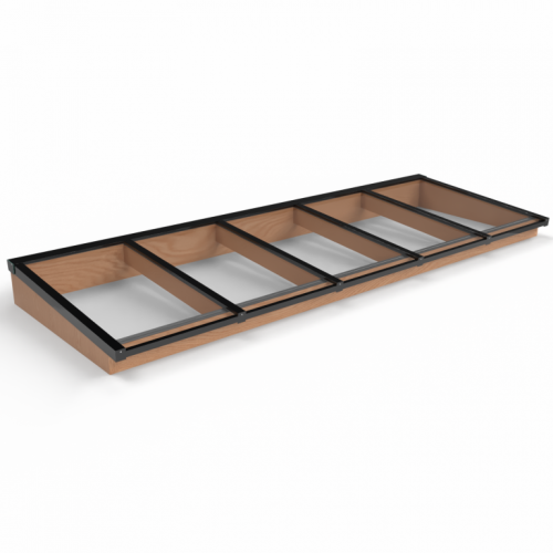 Lichtstraat met lessenaarsdak, onderbouw van onbehandeld douglas, gelaagd glas, 404,2 x 125 cm, zwart.