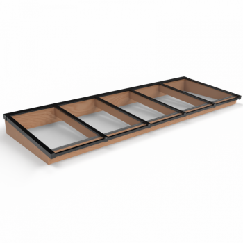 Lichtstraat met lessenaarsdak, onderbouw van onbehandeld douglas, gelaagd glas, 404,2 x 125 cm, zwart.