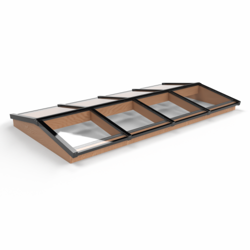 Lichtstraat met zadeldak, onderbouw van onbehandeld douglas, gelaagd glas, 322,2 x 155 cm, zwart.