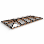 Lichtstraat met schilddak, onderbouw van onbehandeld douglas, gelaagd glas, 450,4 x 205 cm, zwart.