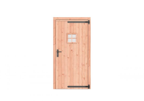 Douglas enkele deur met ruitje 108x209 cm, rechtsdraaiend, zwarte hengen, zwart beslag, onbehandeld.