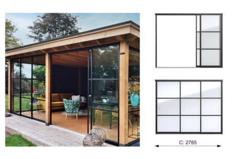 Glazen industriele schuifwand C 278,5x224 incl. h&v roedes
